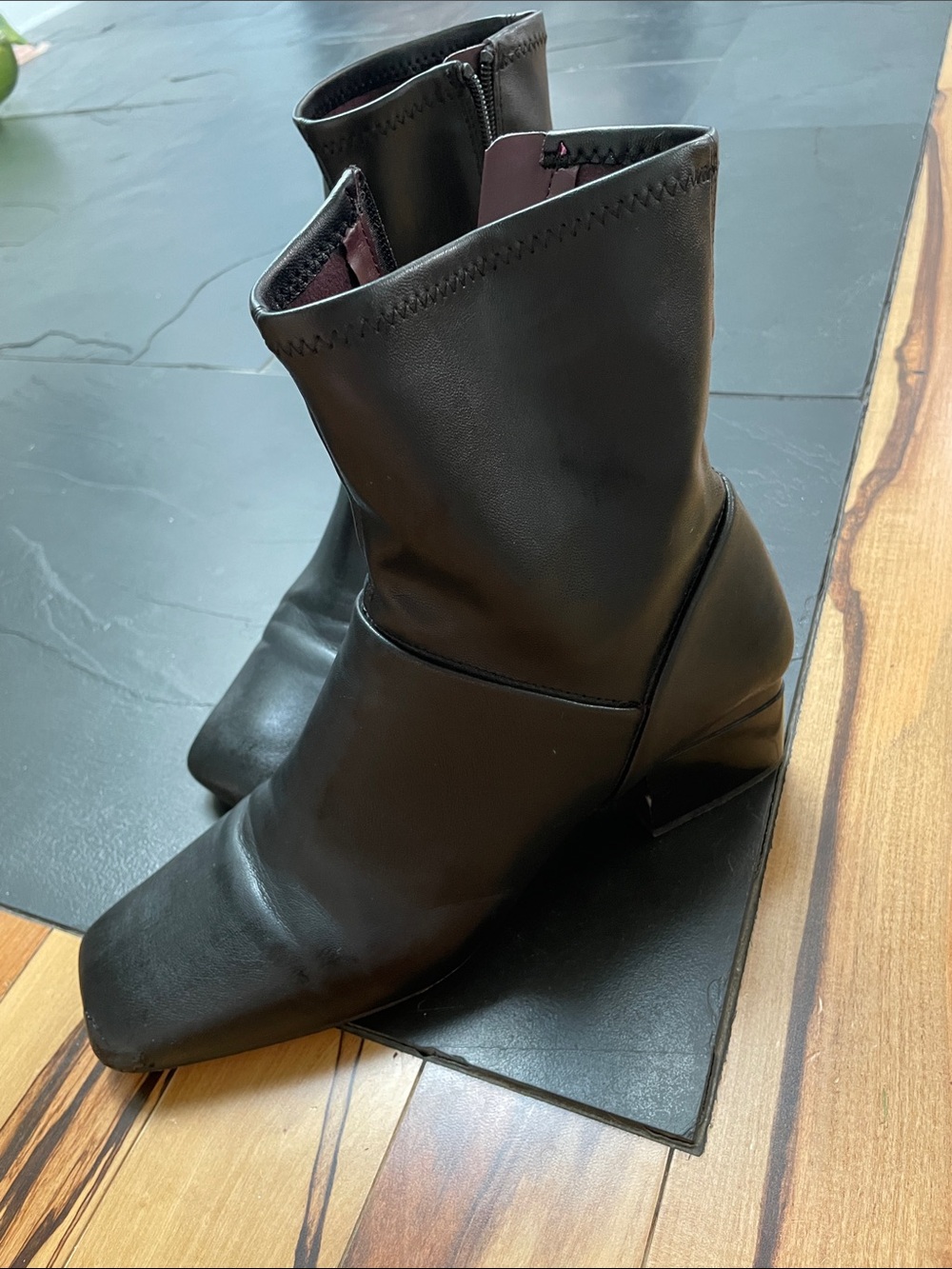 Franco Sarto Black Square-Toe Block Heel Mid-Calf Boots “Wies”